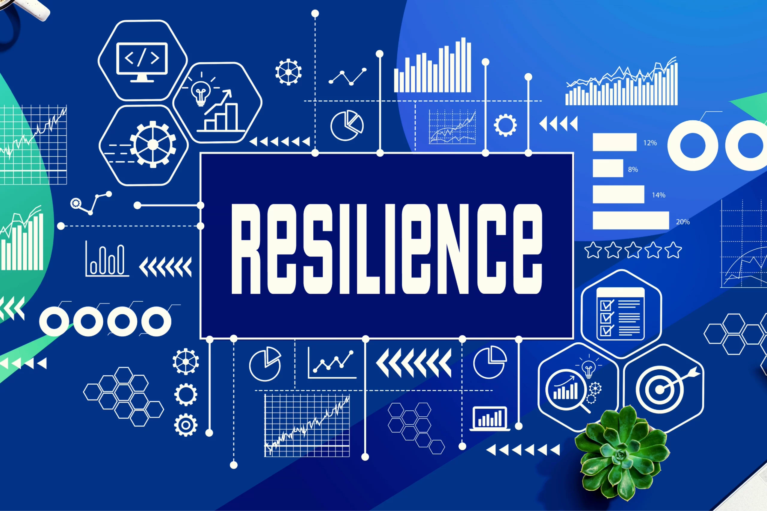 a mix of vector icons representing business icons with word "resilience" in the center of the image