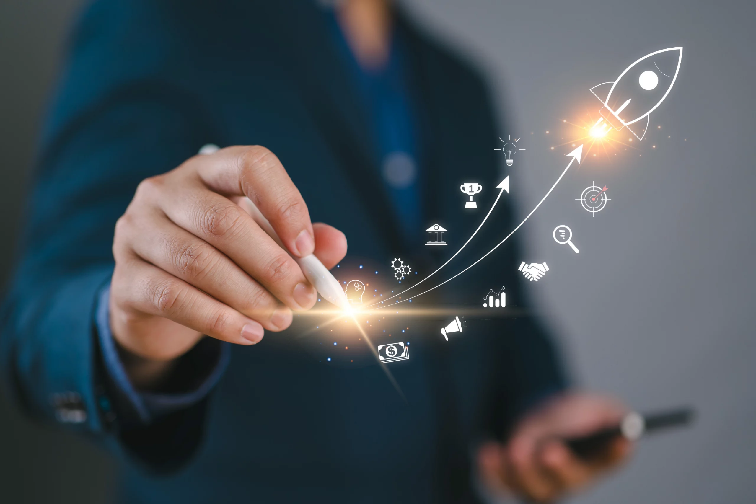 photo - abstract concept of business growth with vector icons over the photo of a person holding a pen in their hand.
