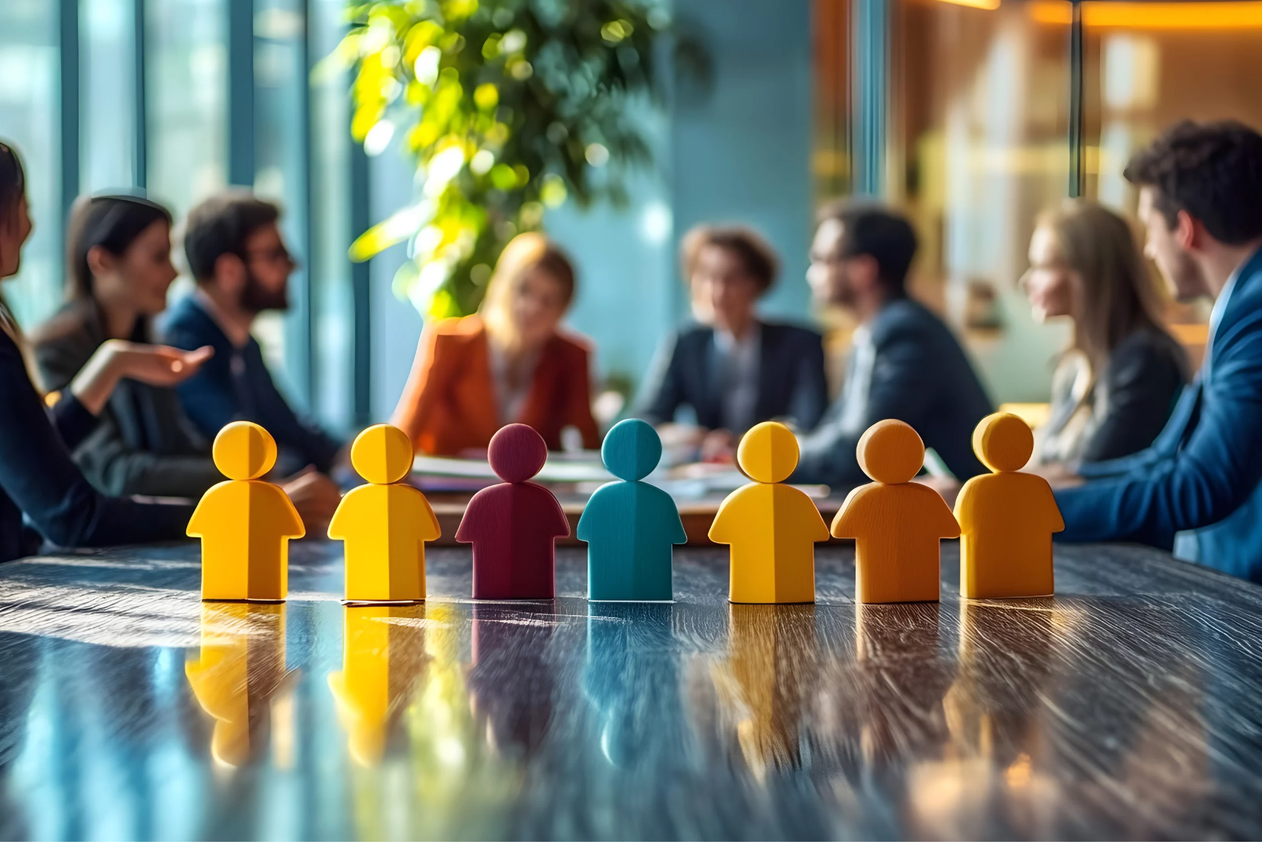 phote depicting a row of paper cut customer representing personas that are placed on the table of a meeting room with blury group of people sitting at the table in the background.