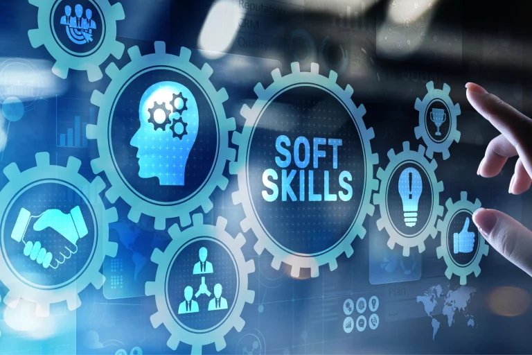 Abstract image with icons like gears and other vector cliparts to represent growth and skills