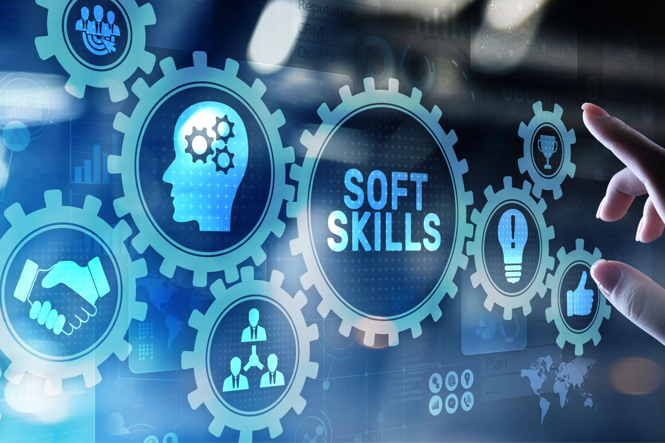 Abstract image with icons like gears and other vector cliparts to represent growth and skills