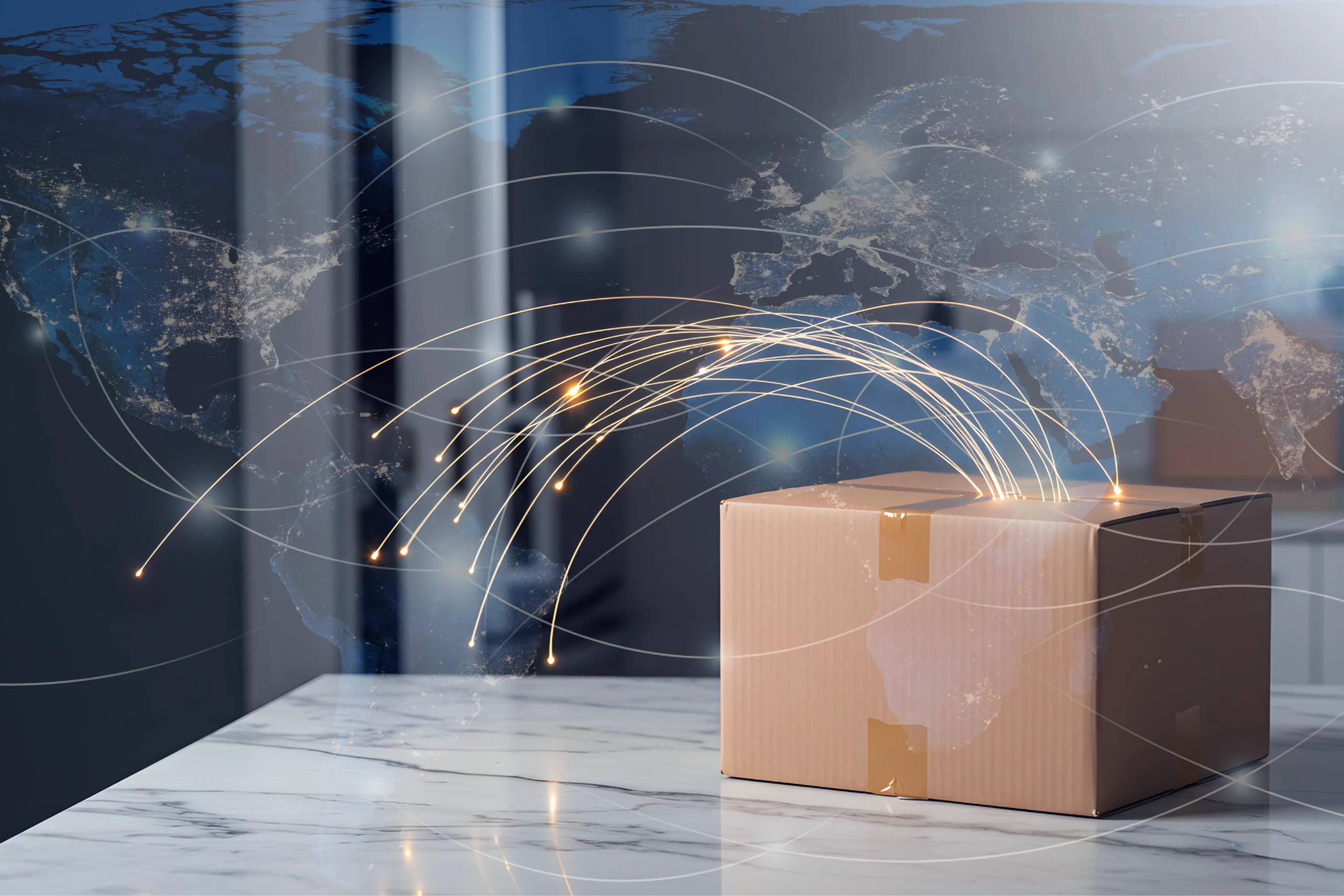 shipping box on the table with overlay of world map photo style
