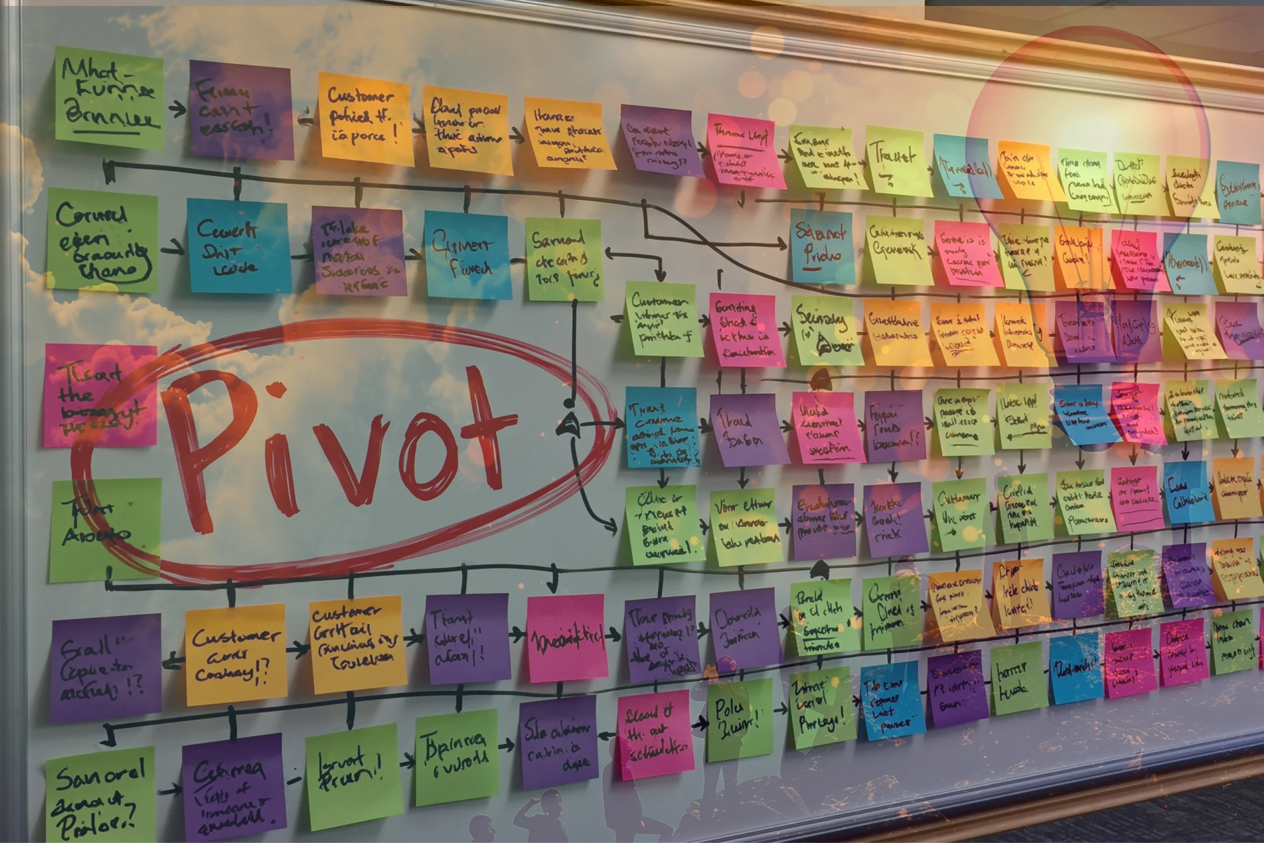whiteboard with sticky notes with word 'pivot" representing needed new direction in the business.